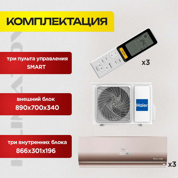 Мульти сплит система на 3 комнаты Haier 3U55S2SR5FA / AS25S2SF3FA-G х3